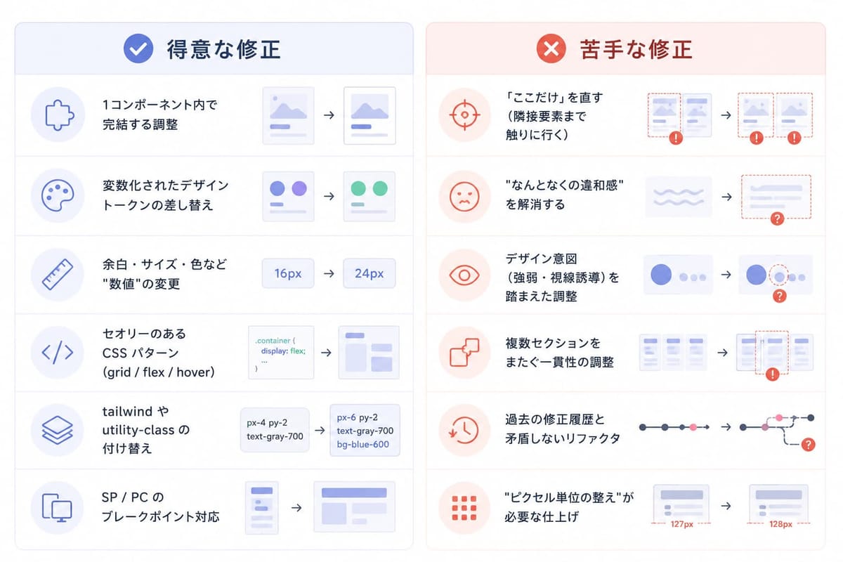 Claude Codeの「得意な修正」（1コンポーネント内の調整・数値の変更・ブレークポイント対応など）と「苦手な修正」（「ここだけ」を直す・なんとなくの違和感の解消など）の対比